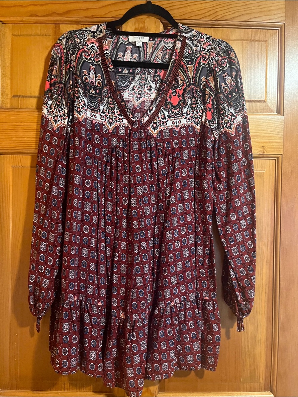 Umgee USA Boho Paisley Border Print Babydoll Dress/Tunic M Burgundy Long Sleeve